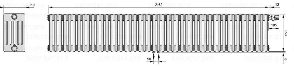 Схема (чертеж) Радиатор Zehnder Charleston 6055/47 №V008 Белый глянцевый RAL 9016